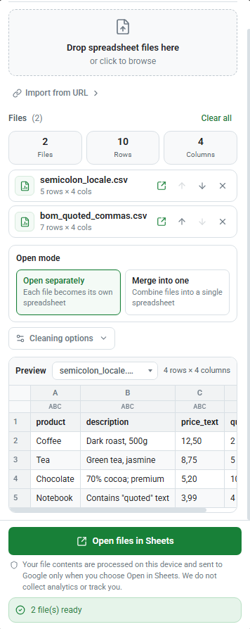Drag to Sheets side panel showing two spreadsheet files ready to open in Google Sheets